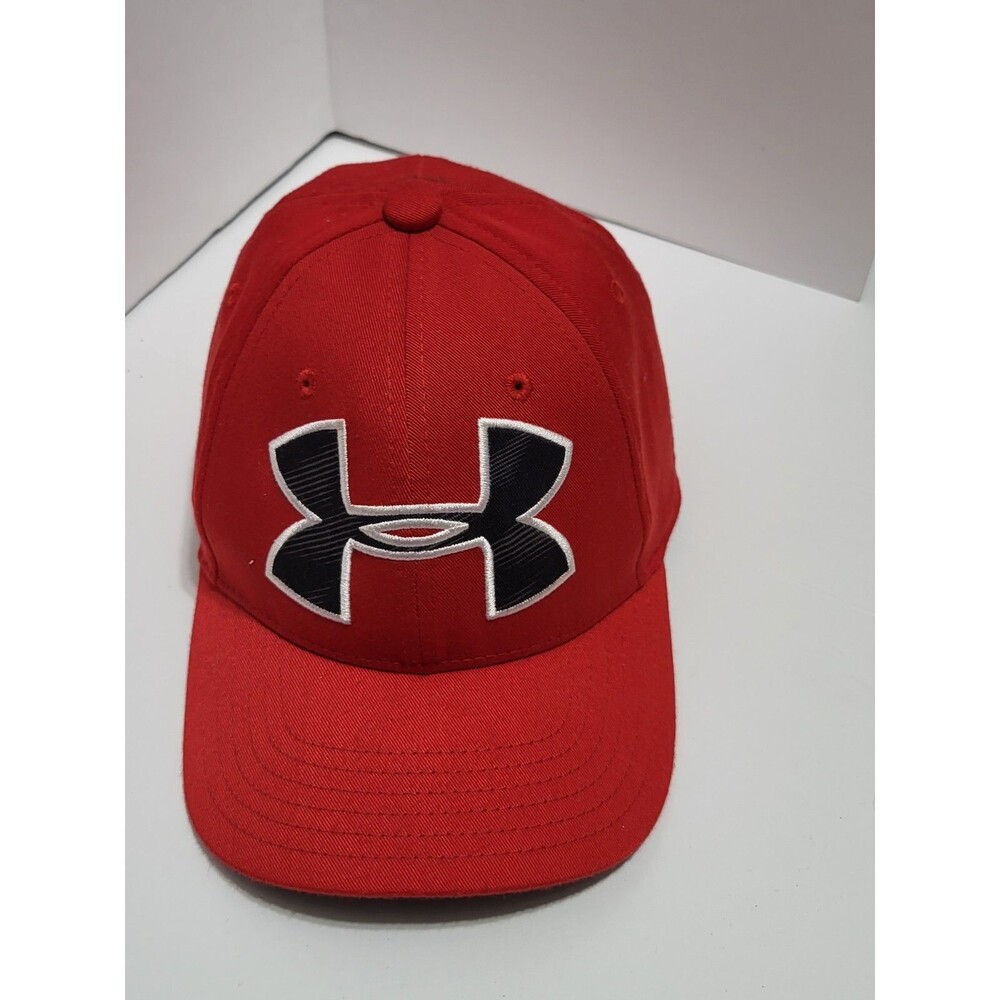 Under Armour Fitted Stretch Hat Cap Youth Boy S M Red Black Active Sports Logo